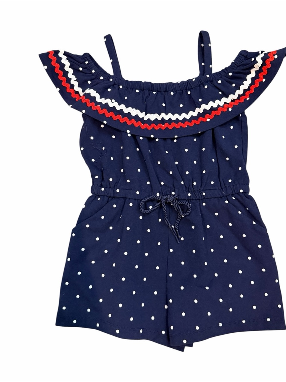NWT Janie and Jack Navy Polka Dot Off-Shoulder Romper with Red Trim